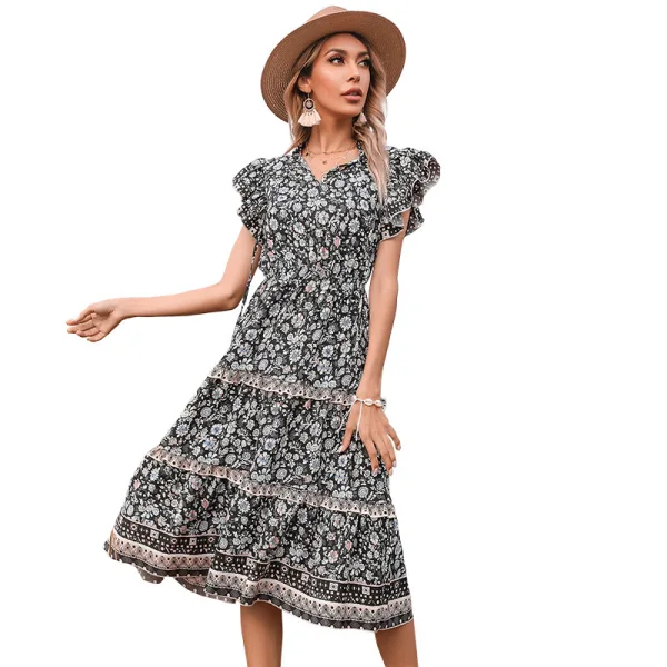 Mode Noire Été Vêtement de rue Vêtements de vacances Floral Femme Robes 2021 Encolure Dégagée Manches Longues Thé Longueur