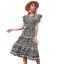 Mode Noire Été Vêtement de rue Vêtements de vacances Floral Femme Robes 2021 Encolure Dégagée Manches Longues Thé Longueur