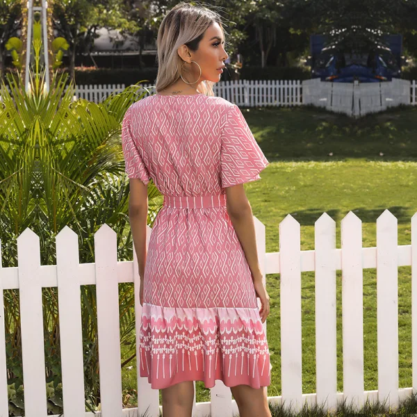 Summer Street Wear Resort Wear Beach Sky Blue Printing Women Dresses 2021 V-Neck Short Sleeve Sash