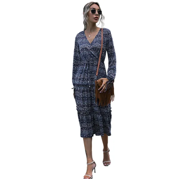 Été Bleu Marine Vêtement de rue Impression Femme Robes 2021 V-Cou Manches Longues