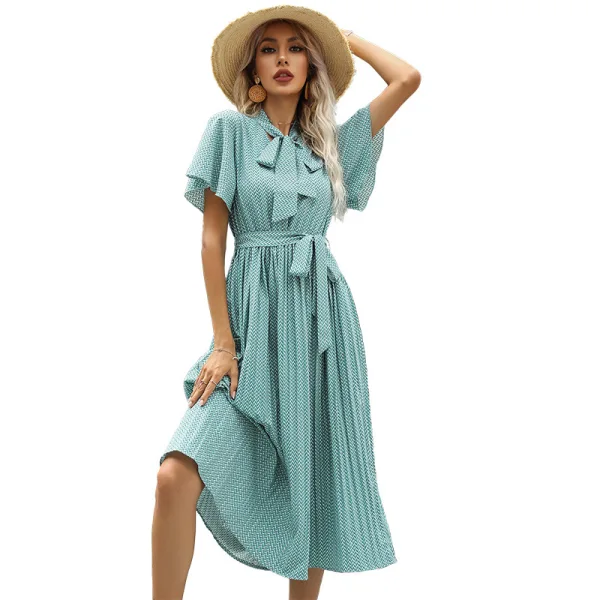 Fashion Summer Street Wear Mint Green Bow Women Dresses 2021 V Neck Sash Short Sleeve Tea Length Fashion Summer Street Wear Mint Green Bow Women Dresses 2021 V Neck Sash Short Sleeve Tea Length