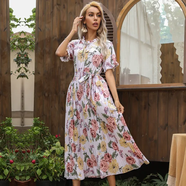 Summer Blushing Pink Street Wear Printing Maxi Dresses 2021 Scoop Neck Bow Sash Short Sleeve Tea-length Women Dresses