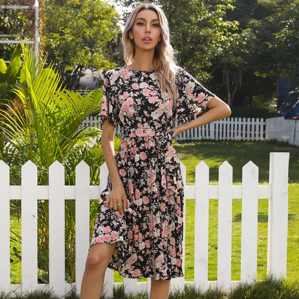 Summer Street Wear Floral Pool Blue Women Dresses 2021 Scoop Neck Short Sleeve Sash Tea-length