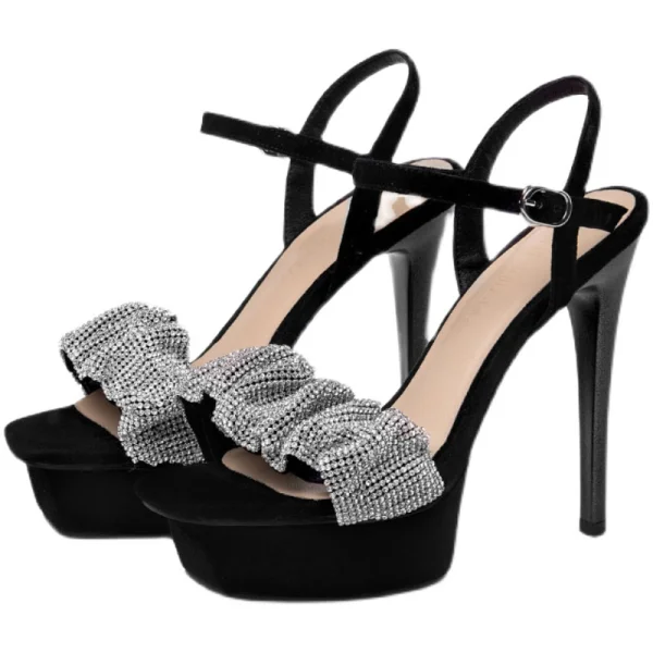 Sexy Noire Cocktail Faux Diamant Sandales Femme 2021 Cuir 12 cm Talons Aiguilles Peep Toes / Bout Ouvert Sandales Talons Hauts