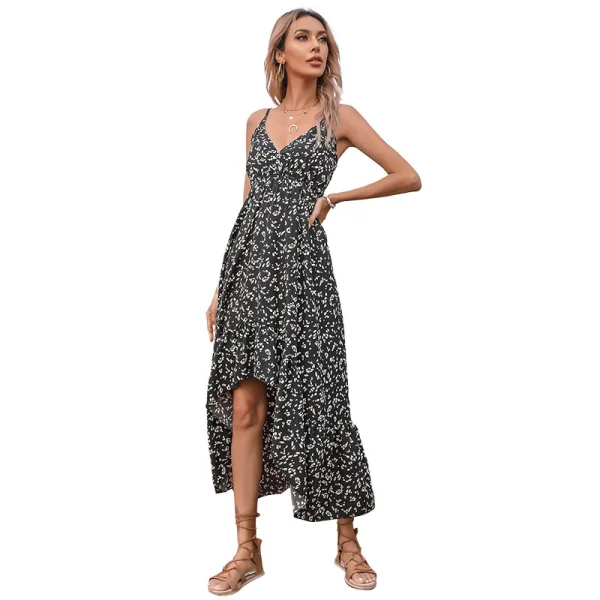 Été Vêtement de rue Floral Noire Robes longues 2021 Bretelles Spaghetti Chiffon Sans Manches Thé Longueur Femme Robes