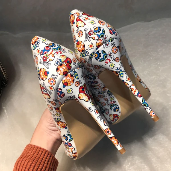 Mode Svarta Fest Utskrift Pumps 2021 12 cm Stilettklackar Spetsiga Pumps Högklackade
