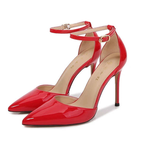 Sexy Fashion Black Cocktail Party Evening Party Womens Shoes 2021 Patent Leather Ankle Strap 12 cm Stiletto Heels Pointed Toe Womens Shoes High Heels