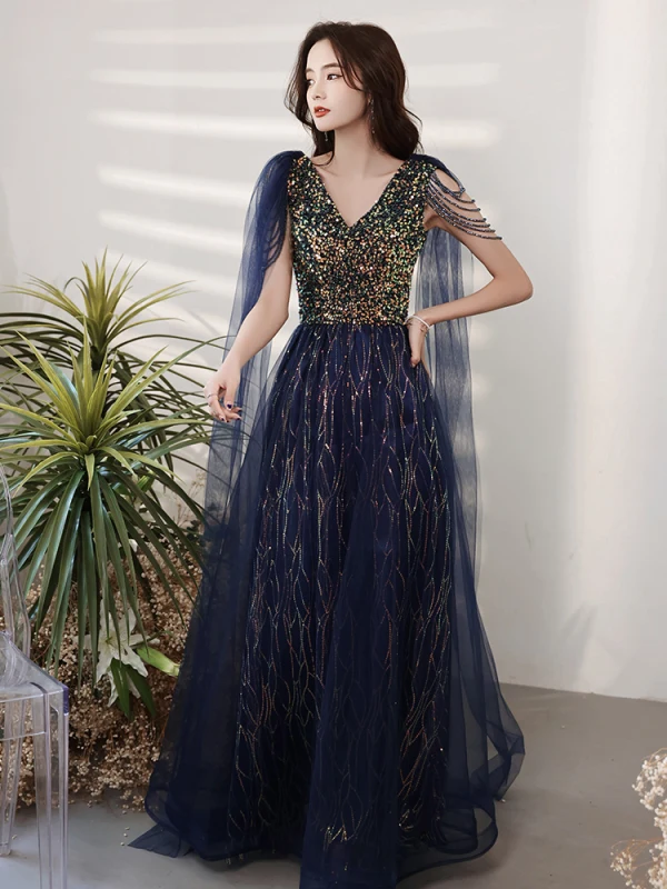 Scintillantes Bleu Marine Robe De Soirée 2021 Princesse V-Cou Perlage Cristal Paillettes Gland Sans Manches Dos Nu Longue Soirée Robe De Ceremonie
