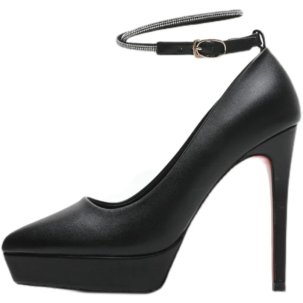 Schöne Schwarz Abend Pumps 2021 Wasserdichte Knöchelriemen 12 cm Stilettos Spitzschuh Pumps Hochhackige