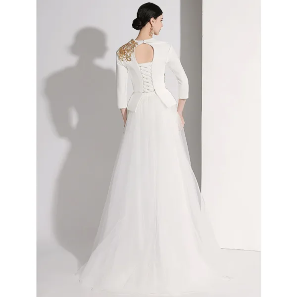 Mode Ivory / Creme Pailletten Abend Overall 2021 V-Ausschnitt 3/4 Ärmel Rückenfreies Lange Abendkleider