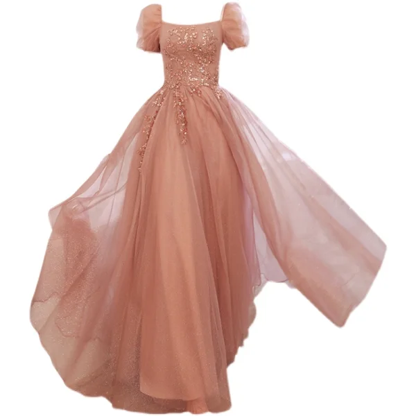 Vintage / Originale Rougissant Rose Glitter Perlage Paillettes Robe De Soirée 2021 Princesse Appliques Encolure Carrée Manches Courtes Dos Nu Longue Soirée Robe De Ceremonie