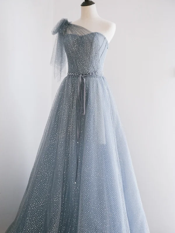 Bling Bling Mode Bleu Ciel Glitter Robe De Bal 2021 Princesse Une épaule Perle Paillettes Ceinture Manches Courtes Dos Nu Longue Promo Robe De Ceremonie