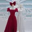 Vintage / Originale Charmant Bordeaux Robe De Bal 2021 Bretelles croisées Noeud Longue Satin Encolure Carrée Promo Manches Courtes Robe De Ceremonie Princesse