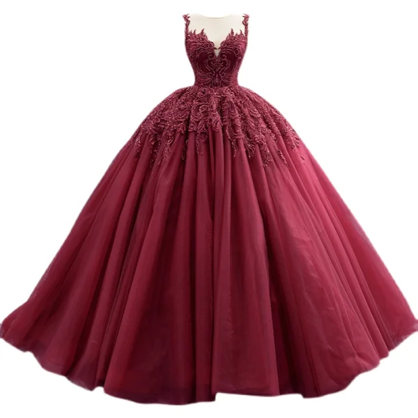 Haut de Gamme Bordeaux Perlage Perle Paillettes En Dentelle Fleur Robe De Bal 2021 Robe Boule Encolure Dégagée Manches Longues Dos Nu Tribunal Train Robe De Ceremonie