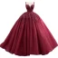 Haut de Gamme Bordeaux Perlage Perle Paillettes En Dentelle Fleur Robe De Bal 2021 Robe Boule Encolure Dégagée Manches Longues Dos Nu Tribunal Train Robe De Ceremonie