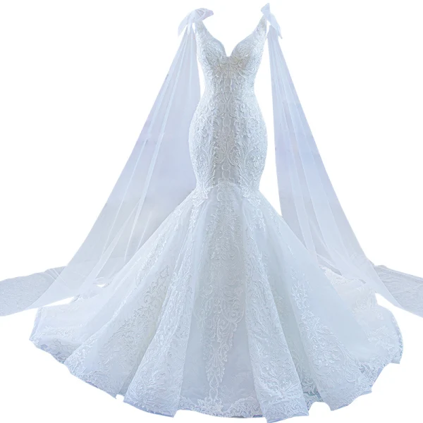 High End Weiß Spitze Blumen Brautkleider / Hochzeitskleider 2021 Meerjungfrau V-Ausschnitt Lange Ärmel Rückenfreies Hof-Schleppe Hochzeit