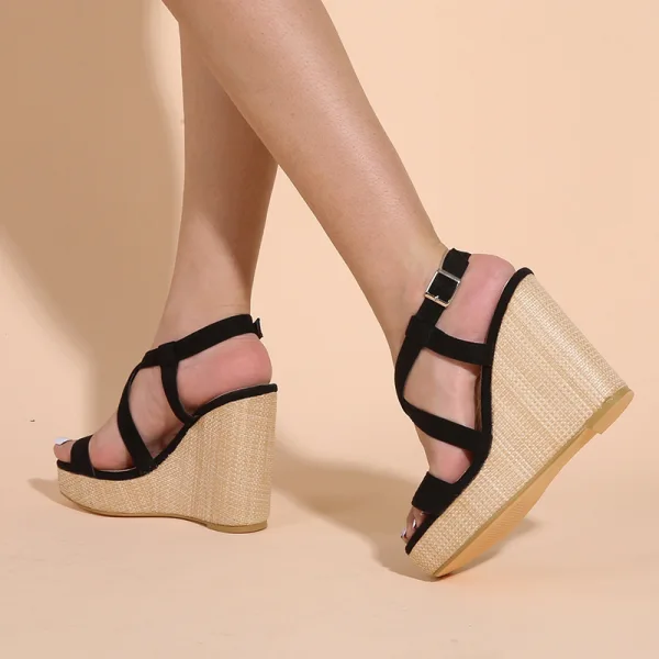 Street Wear Casual Summer Black Womens Sandals 2021 Ankle Strap Waterproof 11 cm Wedges Open / Peep Toe Womens Sandals High Heels