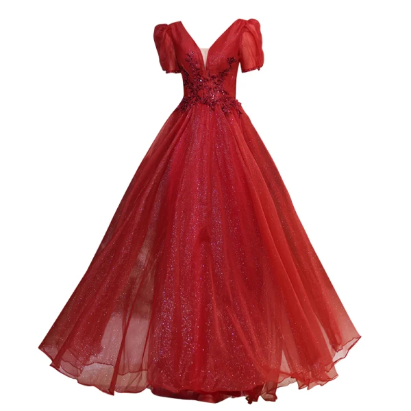 Charming Burgundy Glitter Evening Dresses 2021 A-Line / Princess V-Neck Beading Sequins Short Sleeve Backless Floor-Length / Long Formal Dresses