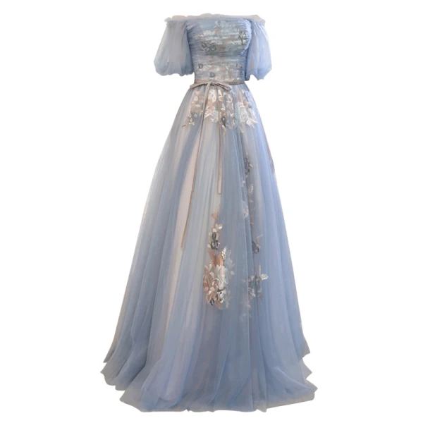 Charmant Bleu Ciel En Dentelle Fleur Robe De Bal 2021 Princesse De l'épaule Ceinture Noeud Manches Courtes Dos Nu Longue Promo Robe De Ceremonie