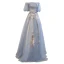 Charmant Bleu Ciel En Dentelle Fleur Robe De Bal 2021 Princesse De l'épaule Ceinture Noeud Manches Courtes Dos Nu Longue Promo Robe De Ceremonie