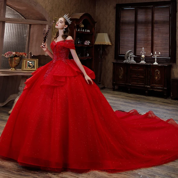 Charming Red Glitter Beading Cascading Ruffles Wedding Dresses 2021 Ball Gown Off-The-Shoulder Short Sleeve Backless Royal Train Wedding