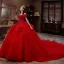 Charming Red Glitter Beading Cascading Ruffles Wedding Dresses 2021 Ball Gown Off-The-Shoulder Short Sleeve Backless Royal Train Wedding