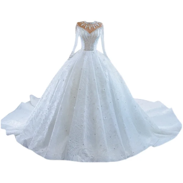 Luxury / Gorgeous High-end Ivory Glitter Beading Crystal Rhinestone Wedding Dresses 2021 Ball Gown High Neck Appliques Sequins 3/4 Sleeve Royal Train