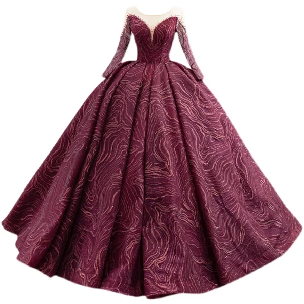 High-end Burgundy Beading Sequins Prom Dresses 2021 Scoop Neck Long Sleeve Court Train Prom Formal Dresses