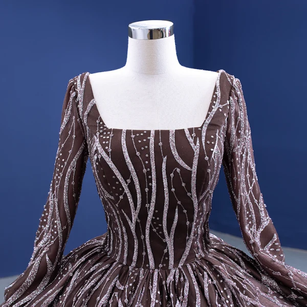 High End Kaffee Glanz Pailletten Ballkleider 2021 Ballkleid Eckiger Ausschnitt Lange Ärmel Hof-Schleppe Ball Festliche Kleider