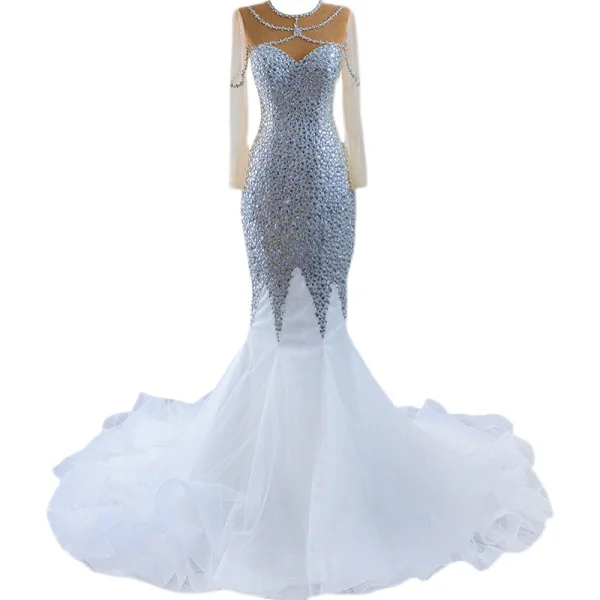 Sparkly Charming Silver Beading Sequins Rhinestone 2021 Trumpet / Mermaid Scoop Neck Long Sleeve Court Train Wedding Dresses