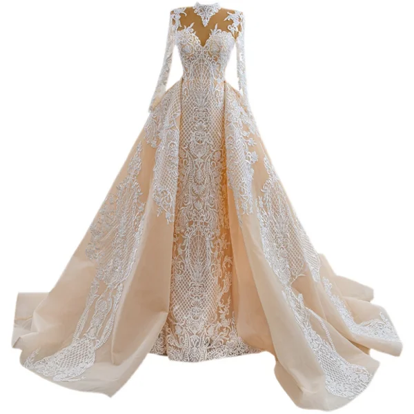 High-end Champagne Pearl Lace Flower Wedding Dresses 2021 Trumpet / Mermaid High Neck Long Sleeve Floor-Length / Long Wedding