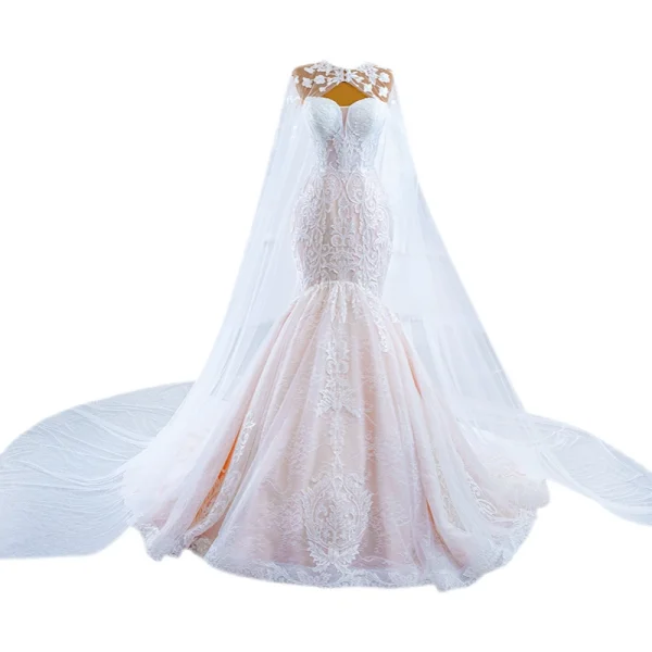 Charming Champagne Beading Lace Flower Wedding Dresses 2021 Trumpet / Mermaid Strapless Long Sleeve Backless Court Train Wedding