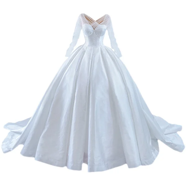High-end Ivory Ball Gown Wedding Dresses 2021 V-Neck Long Sleeve Backless Chapel Train Wedding