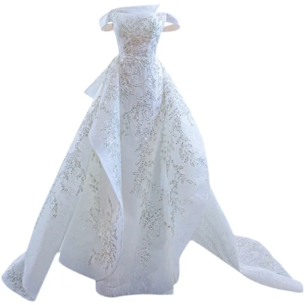 Charmant Ivory / Creme Perlenstickerei Pailletten Spitze Blumen Fallende Rüsche Brautkleider / Hochzeitskleider 2021 A Linie Off Shoulder Kurze Ärmel Rückenfreies Hof-Schleppe Hochzeit