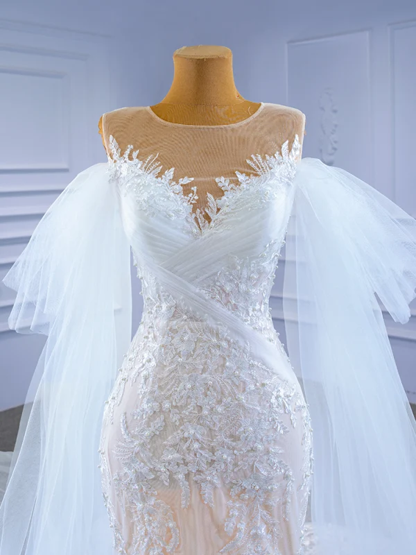 High-end Charming White Watteau Train Wedding Dresses 2021 Trumpet / Mermaid Scoop Neck Beading Pearl Sequins Lace Flower Sleeveless Chapel Train Wedding