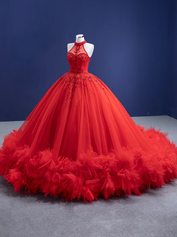 Charming Red Ruffle Wedding Dresses 2021 Ball Gown High Neck Beading Rhinestone Sleeveless Backless Cathedral Train Wedding