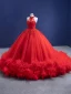 Charming Red Ruffle Wedding Dresses 2021 Ball Gown High Neck Beading Rhinestone Sleeveless Backless Cathedral Train Wedding