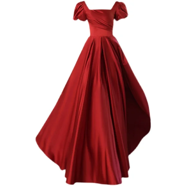 Vintage / Retro Red Satin Prom Dresses 2021 A-Line / Princess Square Neckline Short Sleeve Backless Floor-Length / Long Prom Dresses