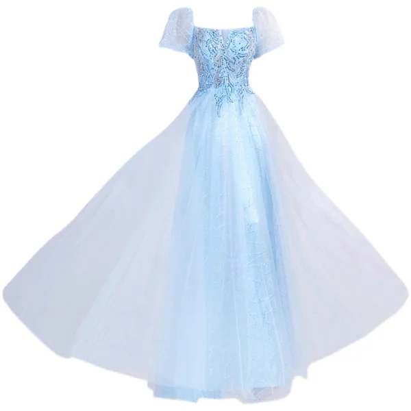 Chic / Belle Bleu Ciel Robe De Bal Robe De Bal 2021 Princesse Encolure Carrée Perlage Perle Paillettes En Dentelle Fleur Manches Courtes Dos Nu Longue Promo Robe De Ceremonie