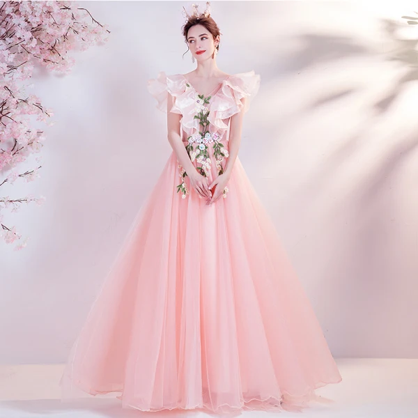 Flower Fairy Candy Pink Ruffle Prom Dresses 2021 A-Line / Princess V-Neck Lace Flower Appliques Long Sleeve Backless Floor-Length / Long Prom Formal Dresses