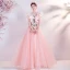 Flower Fairy Candy Pink Ruffle Prom Dresses 2021 A-Line / Princess V-Neck Lace Flower Appliques Long Sleeve Backless Floor-Length / Long Prom Formal Dresses