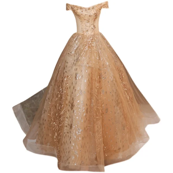Chic / Belle Doré Robe De Bal 2021 Princesse De l'épaule Sans Manches En Dentelle Fleur Perlage Perle Dos Nu Longue Promo Robe De Ceremonie