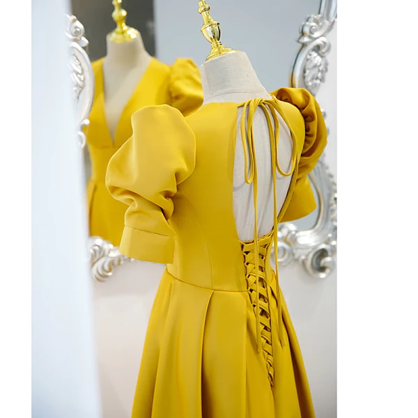 Vintage / Retro Gold Prom Dresses 2021 A-Line / Princess Floor-Length / Long V-Neck Puffy Short Sleeve Backless Prom Formal Dresses