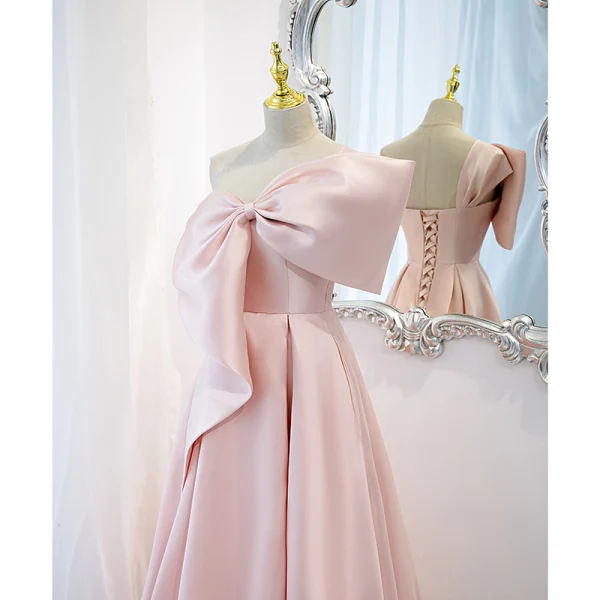 Schön Rosa Satin Ballkleider 2021 A Linie One-Shoulder Schleife Ärmellos Rückenfreies Lange Ball Festliche Kleider