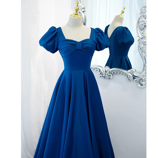 Vintage / Originale Océan Bleu Satin Robe De Bal 2021 Princesse Encolure Carrée Gonflée Manches Courtes Dos Nu Longue Promo Robe De Ceremonie
