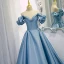 Fashion Sky Blue Satin Prom Dresses 2021 A-Line / Princess Off-The-Shoulder Ruffle Short Sleeve Backless Floor-Length / Long Prom Formal Dresses
