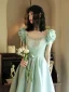 Chic / Beautiful Mint Green Homecoming Graduation Dresses 2021 A-Line / Princess Square Neckline Beading Pearl Ruffle Short Sleeve Backless Floor-Length / Long Formal Dresses