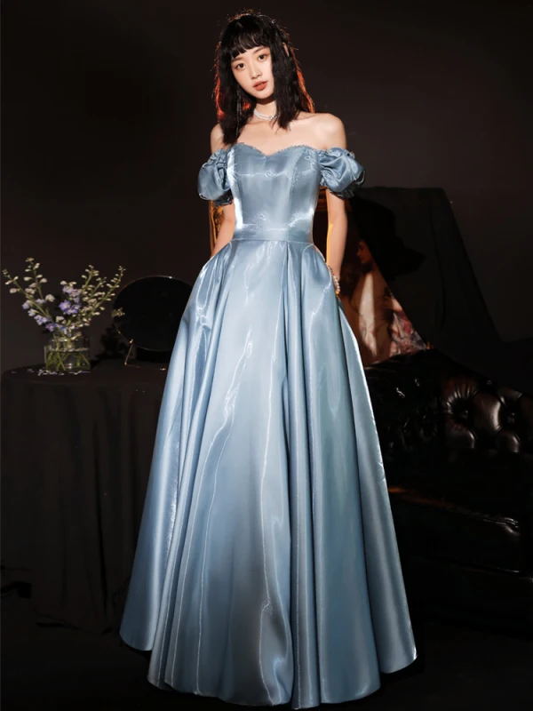 Fashion Sky Blue Prom Dresses 2021 A-Line / Princess Square Neckline Ruffle Short Sleeve Backless Floor-Length / Long Prom Formal Dresses