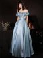 Fashion Sky Blue Prom Dresses 2021 A-Line / Princess Square Neckline Ruffle Short Sleeve Backless Floor-Length / Long Prom Formal Dresses