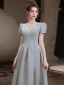 Vintage / Retro Silver Grey Satin Prom Dresses 2021 A-Line / Princess V-Neck Beading Pearl Sequins Short Sleeve Backless Floor-Length / Long Prom Formal Dresses